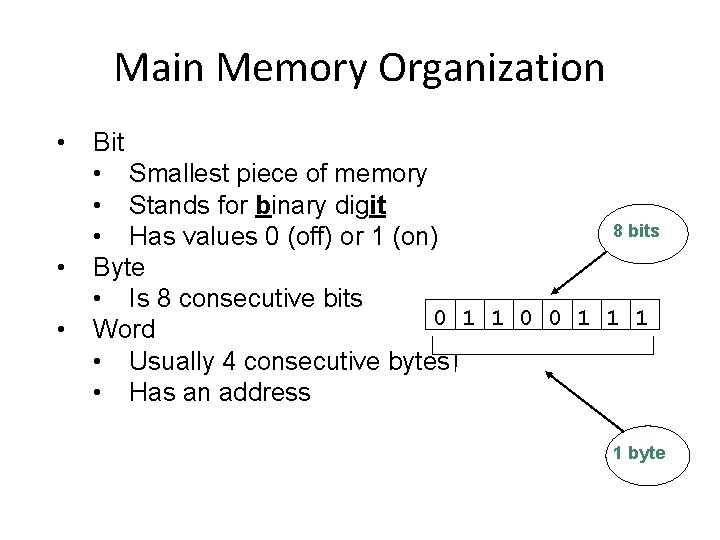 Main Memory Organization • • • Bit • Smallest piece of memory • Stands Main Memory Organization • • • Bit • Smallest piece of memory • Stands