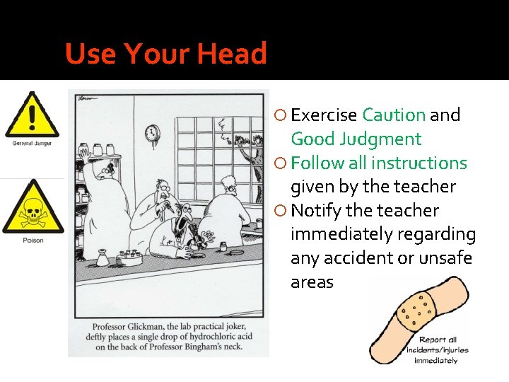 Use Your Head Exercise Caution and Good Judgment Follow all instructions given by the