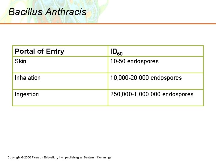 Bacillus Anthracis Portal of Entry ID 50 Skin 10 -50 endospores Inhalation 10, 000