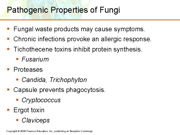 Pathogenic Properties of Fungi § Fungal waste products may cause symptoms. § Chronic infections