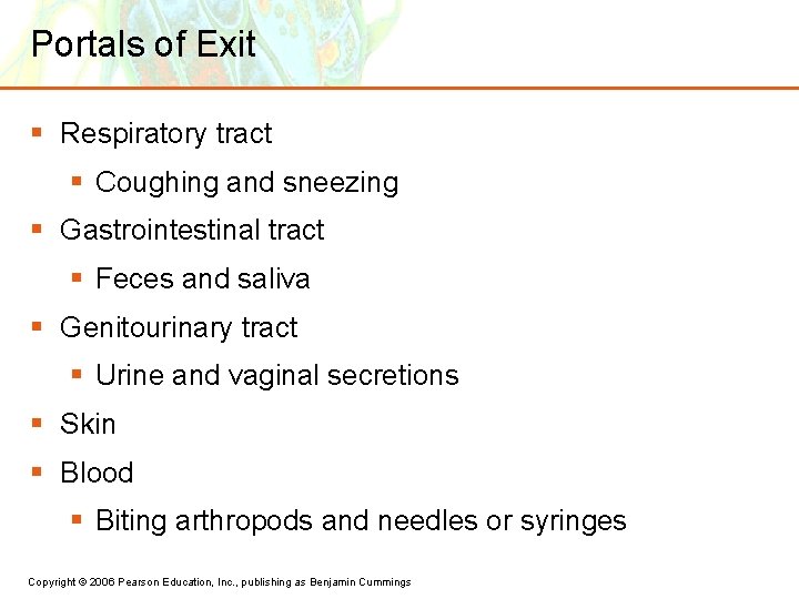 Portals of Exit § Respiratory tract § Coughing and sneezing § Gastrointestinal tract §