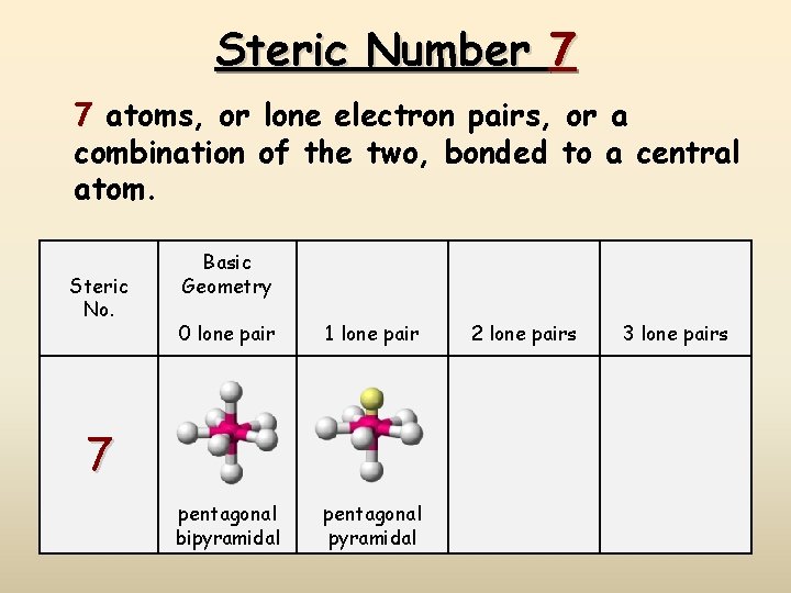 Steric Number 7 7 atoms, or lone electron pairs, or a combination of the