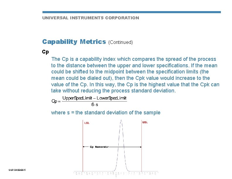 UNIVERSAL INSTRUMENTS CORPORATION Capability Metrics (Continued) Cp The Cp is a capability index which