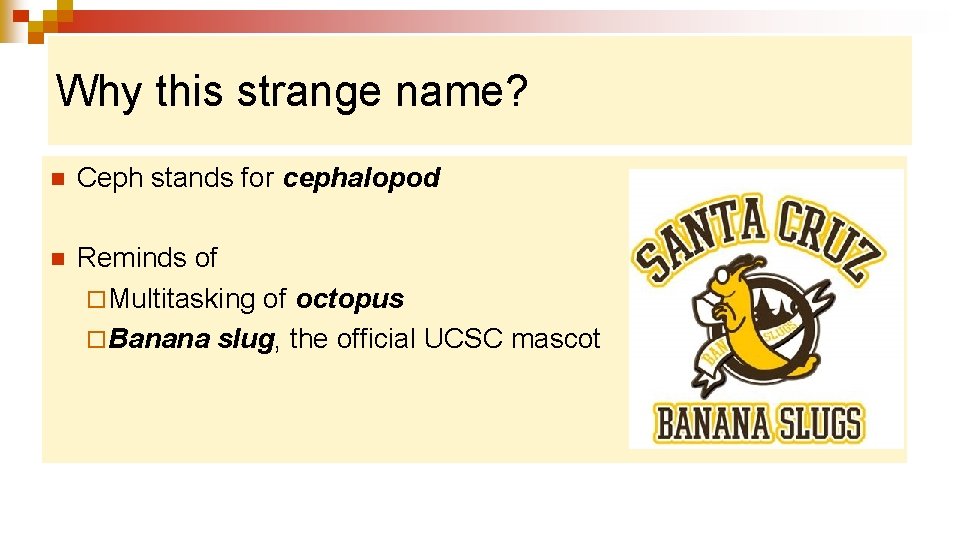 Why this strange name? n Ceph stands for cephalopod n Reminds of ¨ Multitasking