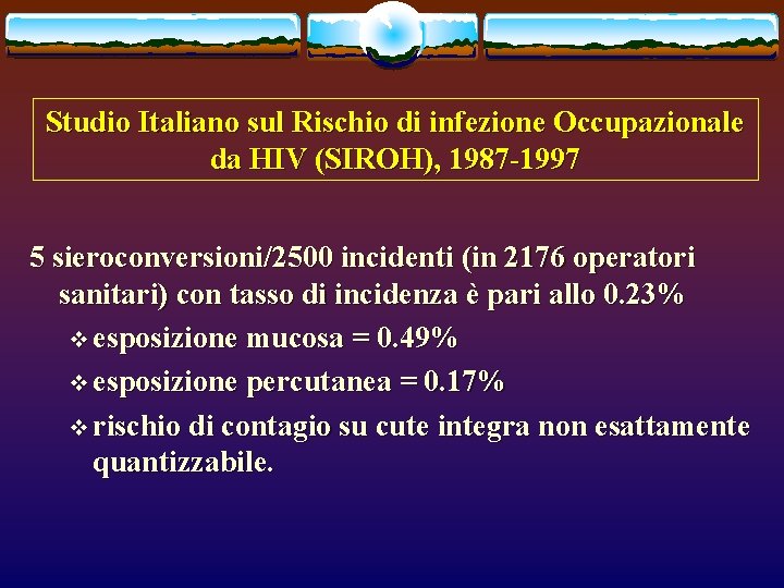 Studio Italiano sul Rischio di infezione Occupazionale da HIV (SIROH), 1987 -1997 5 sieroconversioni/2500