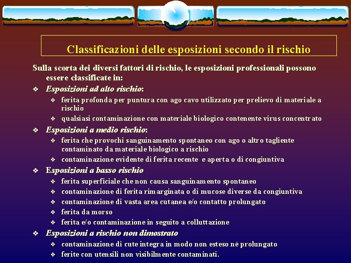 Classificazioni delle esposizioni secondo il rischio Sulla scorta dei diversi fattori di rischio, le