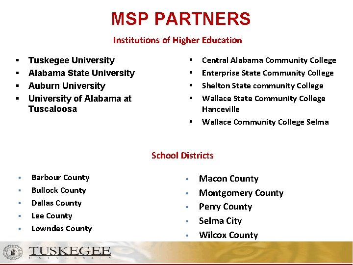 MSP PARTNERS Institutions of Higher Education § § Tuskegee University Alabama State University Auburn