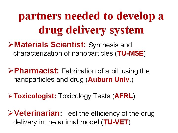 partners needed to develop a drug delivery system ØMaterials Scientist: Synthesis and characterization of