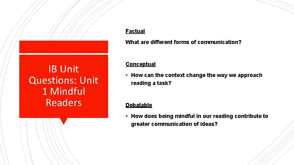 Factual What are different forms of communication? IB Unit Questions: Unit 1 Mindful Readers