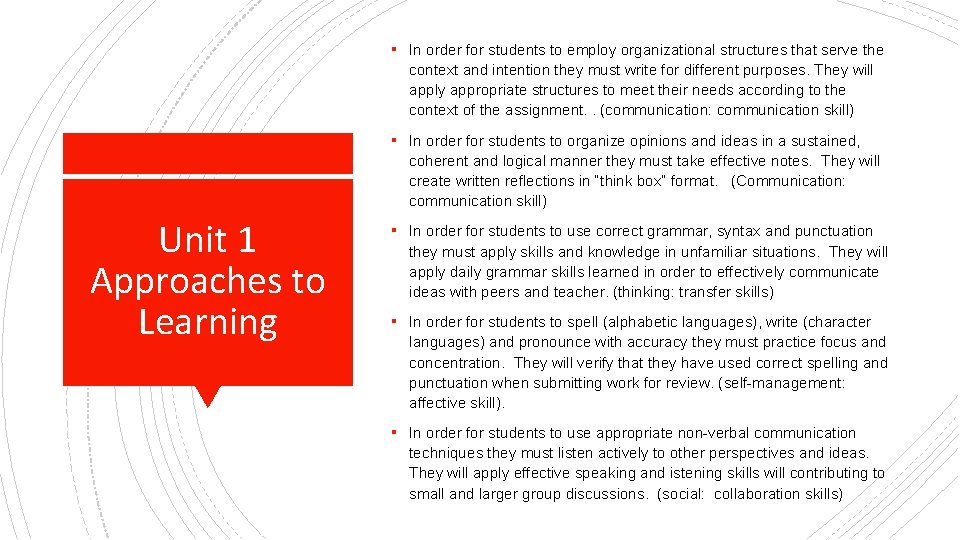 ▪ In order for students to employ organizational structures that serve the context and