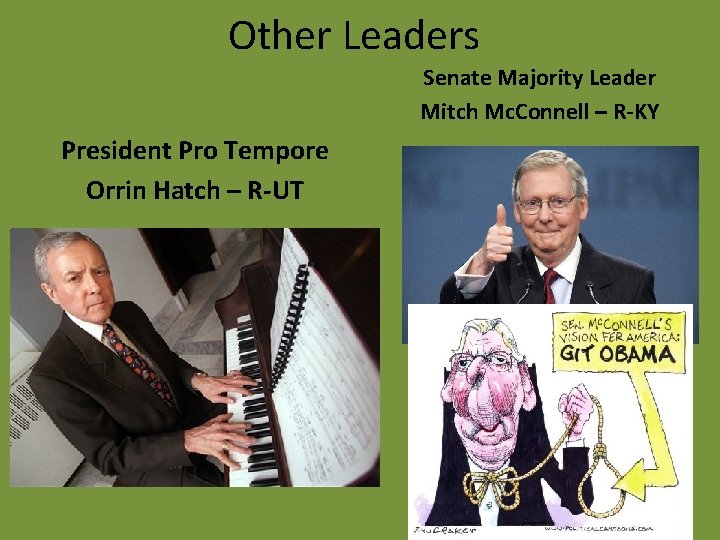 Other Leaders Senate Majority Leader Mitch Mc. Connell – R-KY President Pro Tempore Orrin