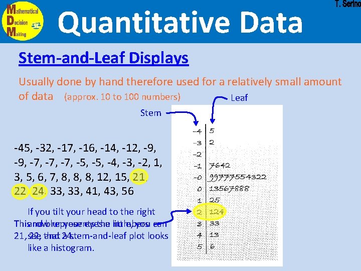Quantitative Data Stem-and-Leaf Displays Usually done by hand therefore used for a relatively small