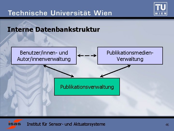 Interne Datenbankstruktur Benutzer/innen- und Autor/innenverwaltung Publikationsmedien. Verwaltung Publikationsverwaltung Institut für Sensor- und Aktuatorsysteme 46