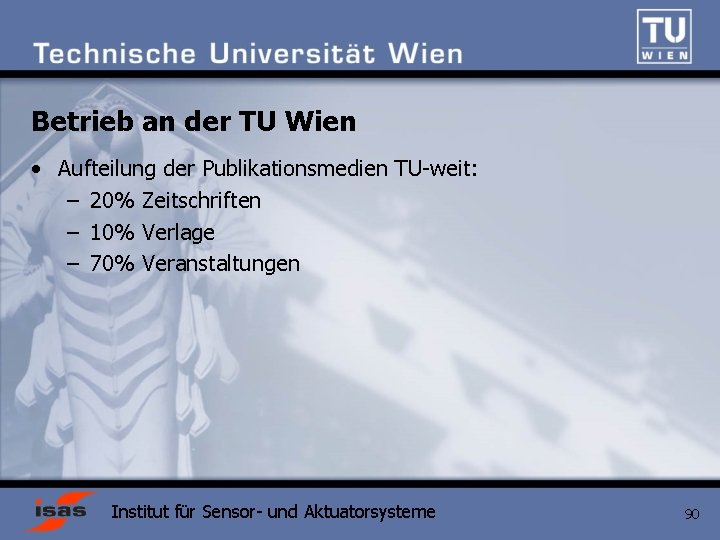 Betrieb an der TU Wien • Aufteilung der Publikationsmedien TU-weit: – 20% Zeitschriften –