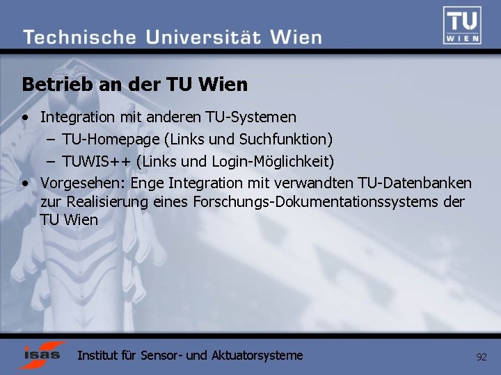 Betrieb an der TU Wien • Integration mit anderen TU-Systemen – TU-Homepage (Links und