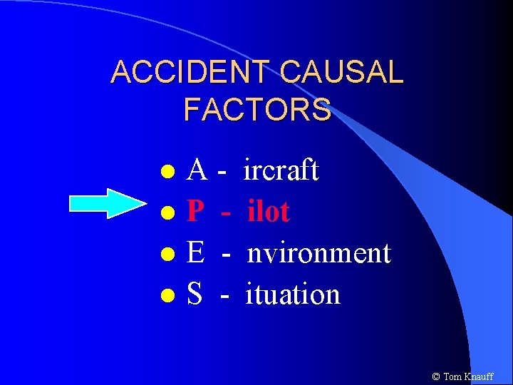 ACCIDENT CAUSAL FACTORS Al. P l. E l. S l ircraft ilot nvironment ituation