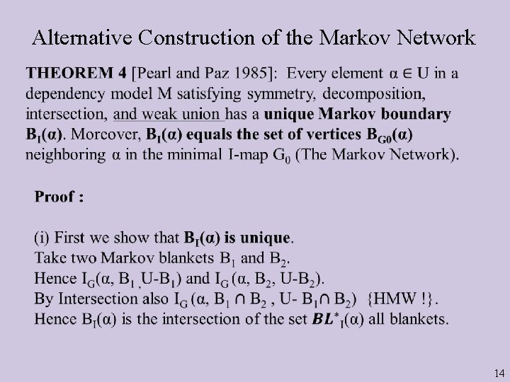 Alternative Construction of the Markov Network 14 