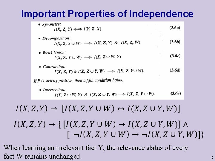 Important Properties of Independence When learning an irrelevant fact Y, the relevance status of