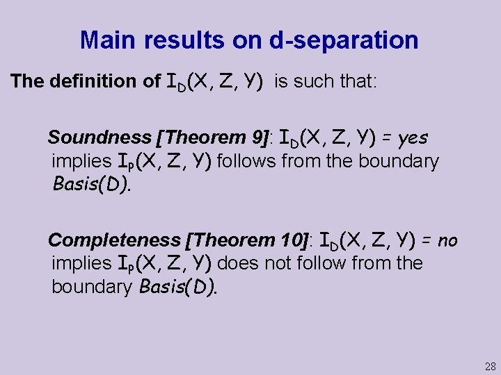 Main results on d-separation The definition of ID(X, Z, Y) is such that: Soundness