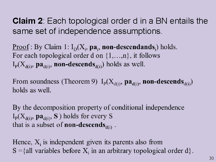 Claim 2: Each topological order d in a BN entails the same set of