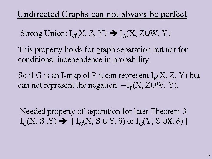 Undirected Graphs can not always be perfect Strong Union: IG(X, Z, Y) IG(X, Z∪W,