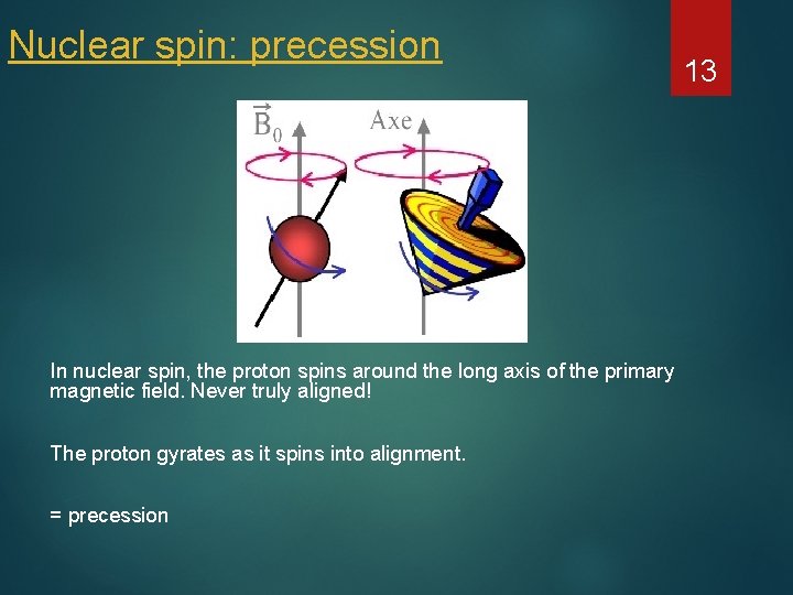 Nuclear spin: precession In nuclear spin, the proton spins around the long axis of