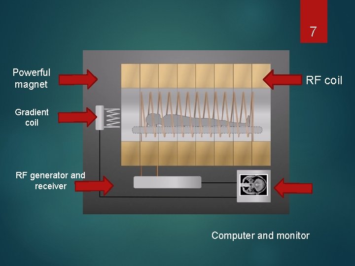 7 Powerful magnet RF coil Gradient coil RF generator and receiver Computer and monitor