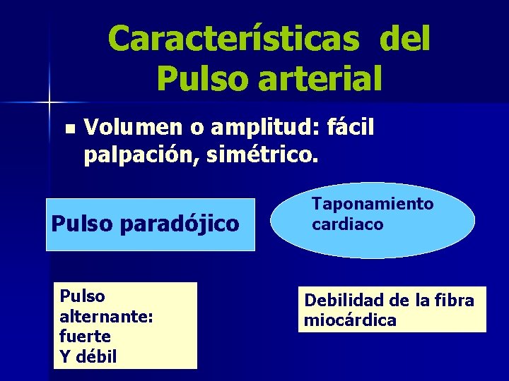 Características del Pulso arterial n Volumen o amplitud: fácil palpación, simétrico. Pulso paradójico Pulso