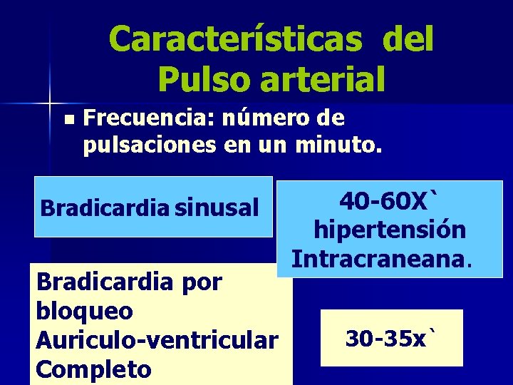 Características del Pulso arterial n Frecuencia: número de pulsaciones en un minuto. Bradicardia sinusal