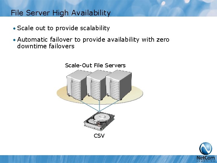 File Server High Availability • Scale out to provide scalability • Automatic failover to