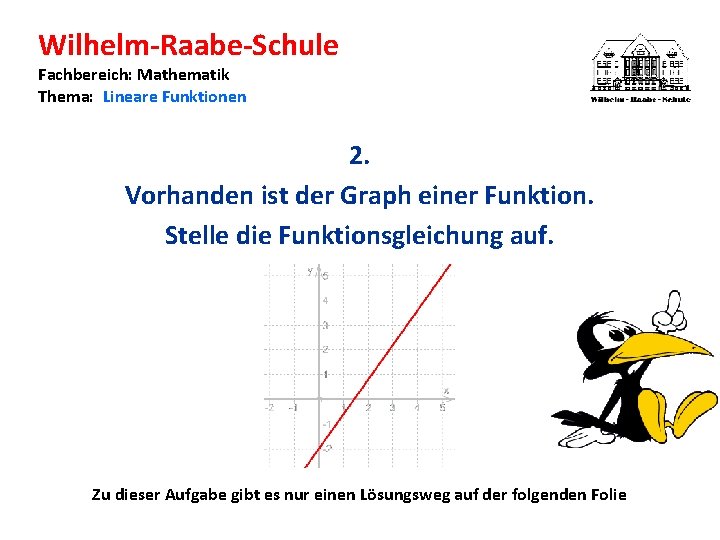 Wilhelm-Raabe-Schule Fachbereich: Mathematik Thema: Lineare Funktionen 2. Vorhanden ist der Graph einer Funktion. Stelle