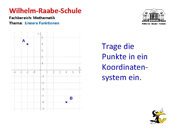 Wilhelm-Raabe-Schule Fachbereich: Mathematik Thema: Lineare Funktionen Trage die Punkte in ein Koordinatensystem ein. 