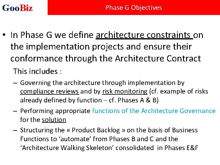 Goo. Biz Phase G Objectives • In Phase G we define architecture constraints on