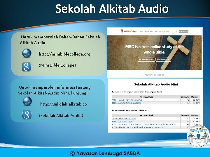 Sekolah Alkitab Audio Untuk memperoleh Bahan-Bahan Sekolah Alkitab Audio http: //minibiblecollege. org (Mini Bible