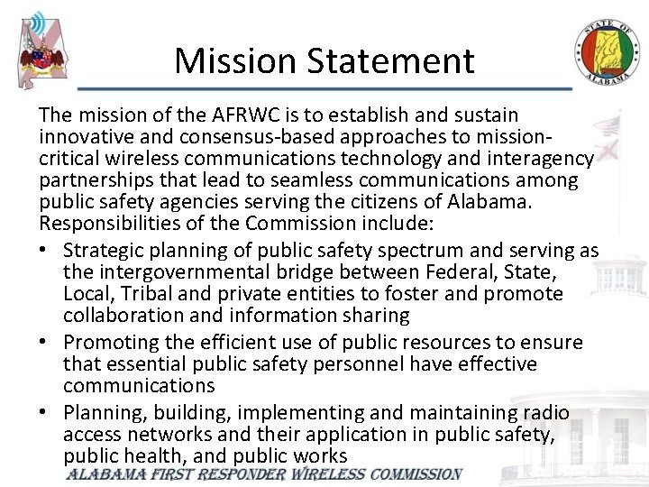 Mission Statement The mission of the AFRWC is to establish and sustain innovative and