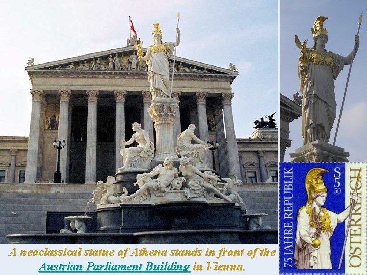 A neoclassical statue of Athena stands in front of the Austrian Parliament Building in