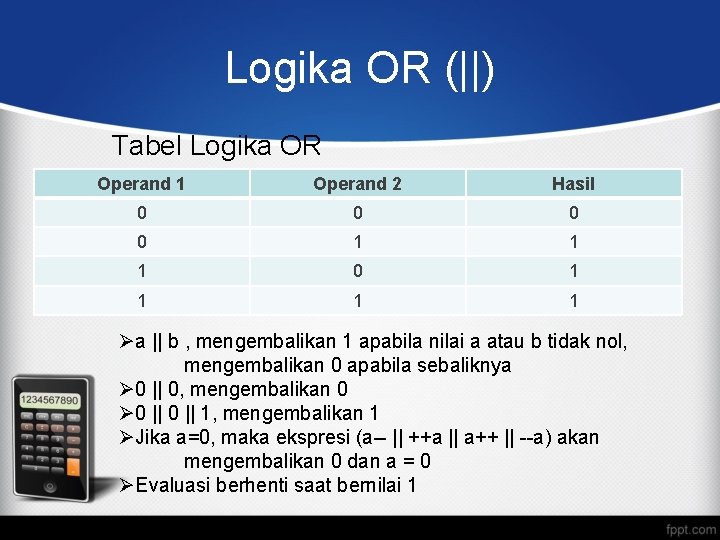 Logika OR (||) Tabel Logika OR Operand 1 Operand 2 Hasil 0 0 1