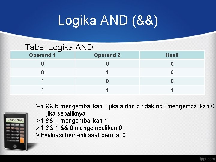 Logika AND (&&) Tabel Logika AND Operand 1 Operand 2 Hasil 0 0 1
