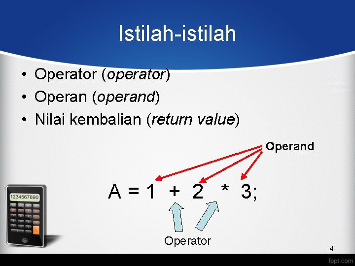 Istilah-istilah • Operator (operator) • Operan (operand) • Nilai kembalian (return value) Operand A