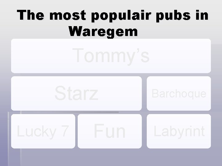 The most populair pubs in Waregem Tommy’s Starz Lucky 7 Fun Barchoque Labyrint 