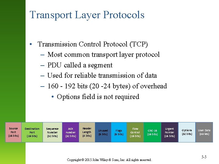 Transport Layer Protocols • Transmission Control Protocol (TCP) – Most common transport layer protocol