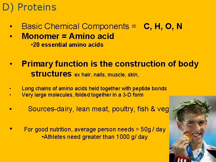 D) Proteins • • Basic Chemical Components = C, H, O, N Monomer =
