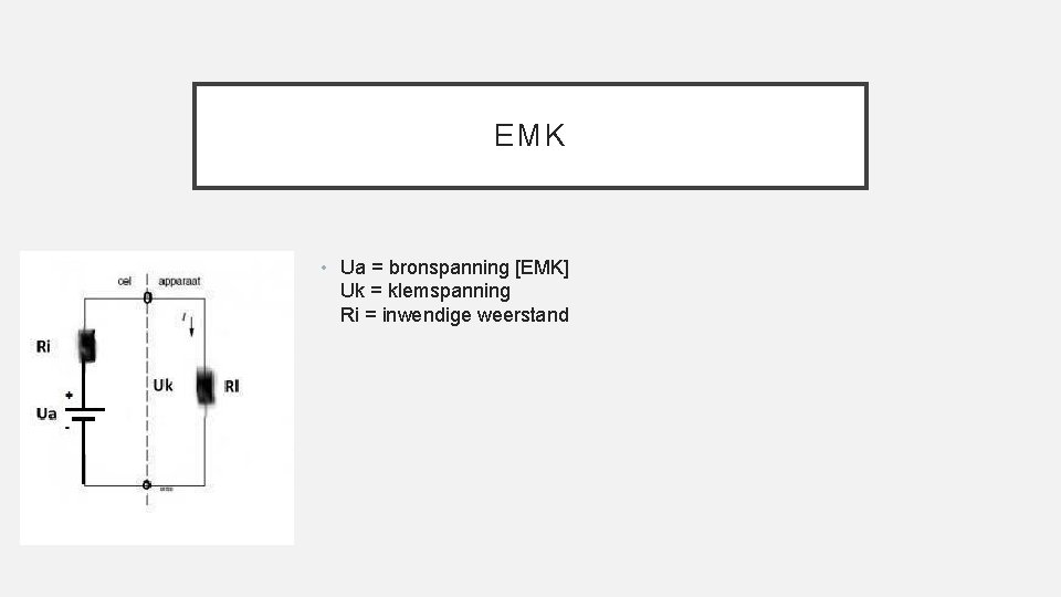 EMK • Ua = bronspanning [EMK] Uk = klemspanning Ri = inwendige weerstand 