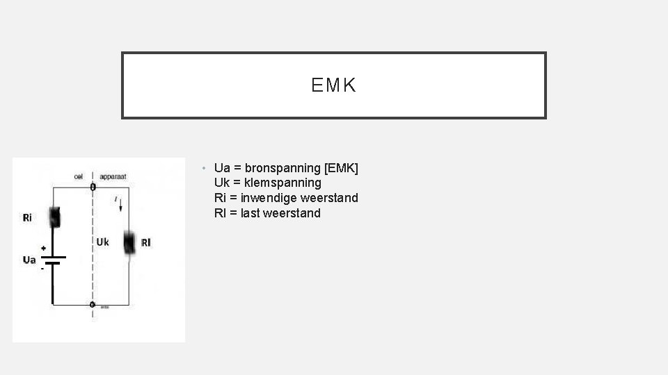 EMK • Ua = bronspanning [EMK] Uk = klemspanning Ri = inwendige weerstand Rl