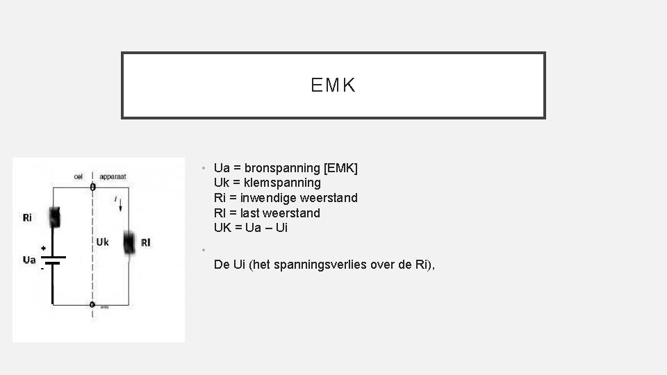 EMK • Ua = bronspanning [EMK] Uk = klemspanning Ri = inwendige weerstand Rl