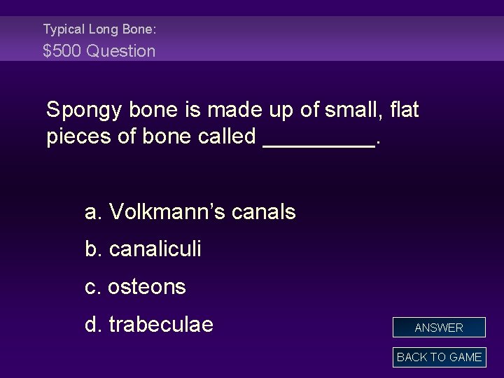 Typical Long Bone: $500 Question Spongy bone is made up of small, flat pieces