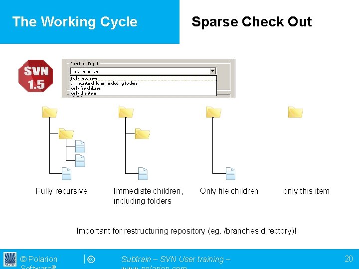 The Working Cycle Fully recursive Immediate children, including folders Sparse Check Out Only file