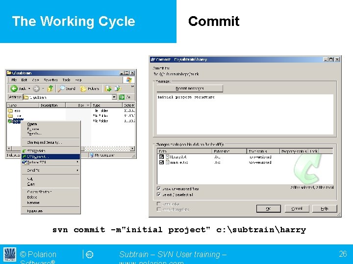 The Working Cycle Commit svn commit -m"initial project" c: subtrainharry © Polarion Subtrain –