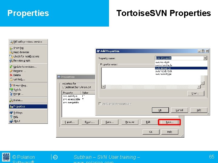 Properties © Polarion Tortoise. SVN Properties Subtrain – SVN User training – 65 