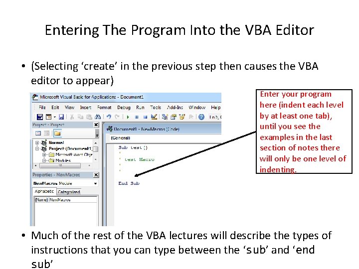 Entering The Program Into the VBA Editor • (Selecting ‘create’ in the previous step